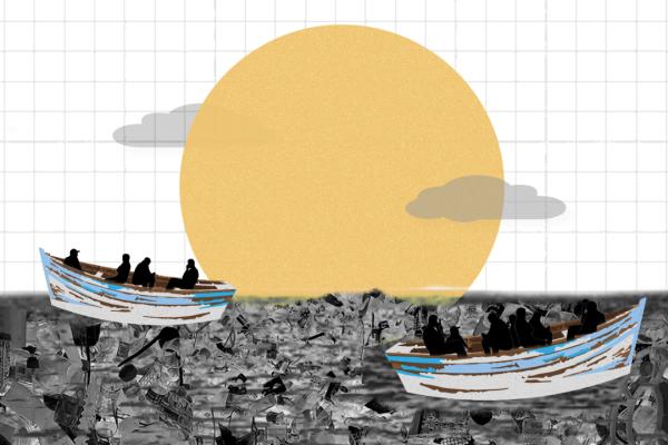 sea waves, boats, large sun circle on the background